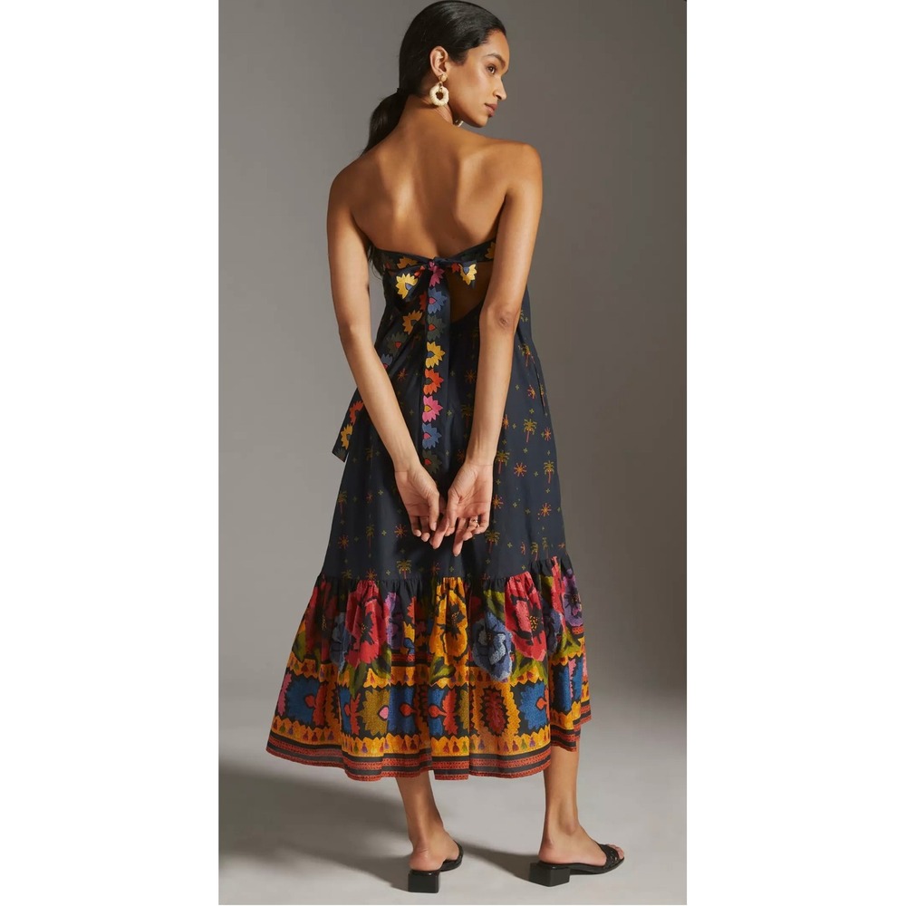 Farm Rio Anthropologie Dress 1X Black Embroidered Strapless Maxi Tie Back Boho - Picture 2 of 16